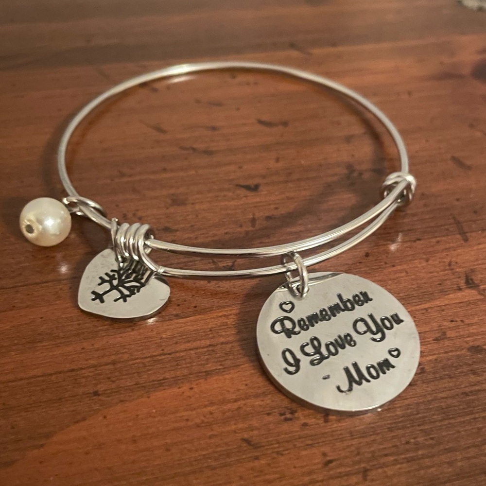 Silver Charm Bracelet with Heart and Pearl Remember I love you